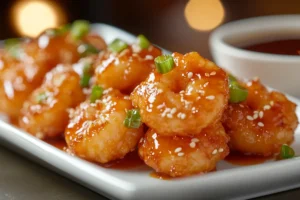 Beautifully plated Boom Boom Shrimp on a white plate, garnished with green onions and sesame seeds, with a side of spicy Boom Boom sauce.