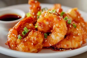 Beautifully plated Boom Boom Shrimp on a white plate, garnished with green onions and sesame seeds, with a side of spicy Boom Boom sauce.