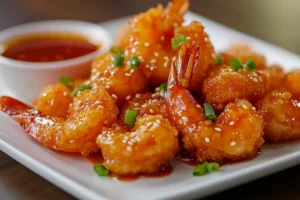 Beautifully plated Boom Boom Shrimp on a white plate, garnished with green onions and sesame seeds, with a side of spicy Boom Boom sauce.