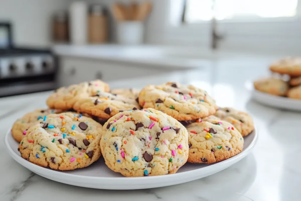 Close-up of freshly baked cake mix cookies on a white plate in a modern kitchen, showcasing their soft texture and colorful sprinkles.