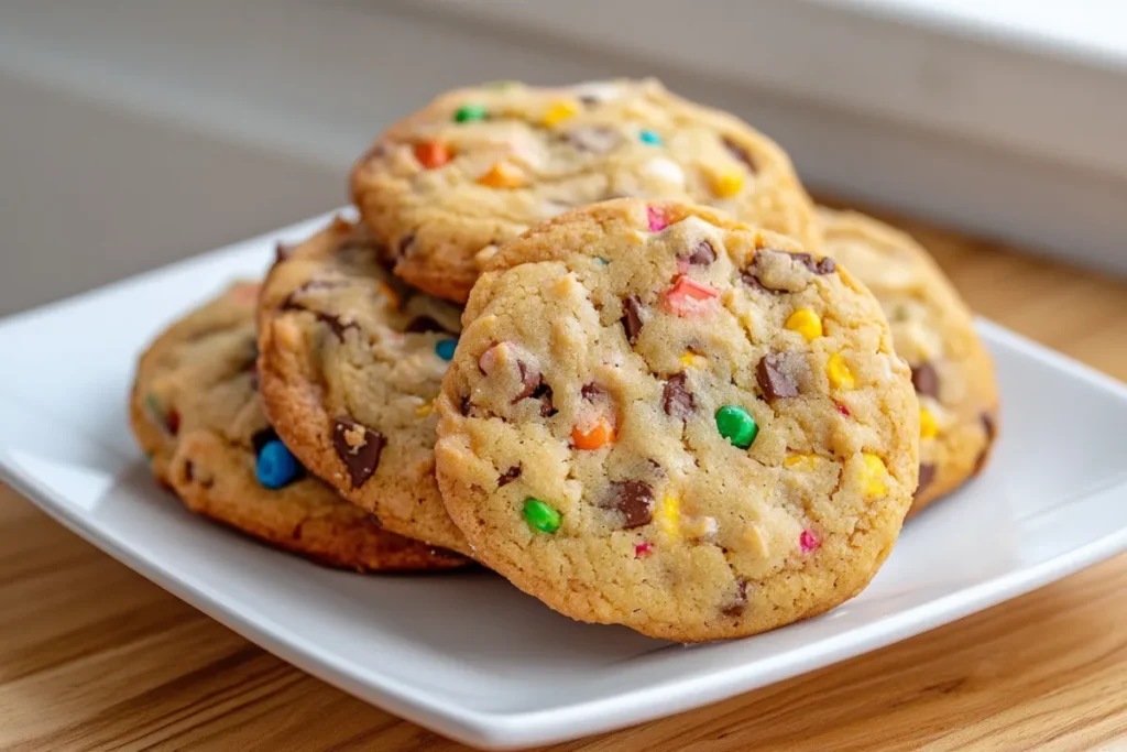 Close-up of freshly baked cake mix cookies on a white plate in a modern kitchen, showcasing their soft texture and colorful sprinkles.