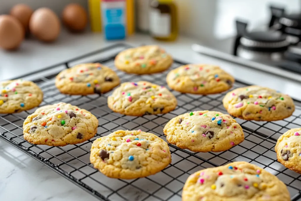 Close-up of freshly baked cake mix cookies on a white plate in a modern kitchen, showcasing their soft texture and colorful sprinkles.