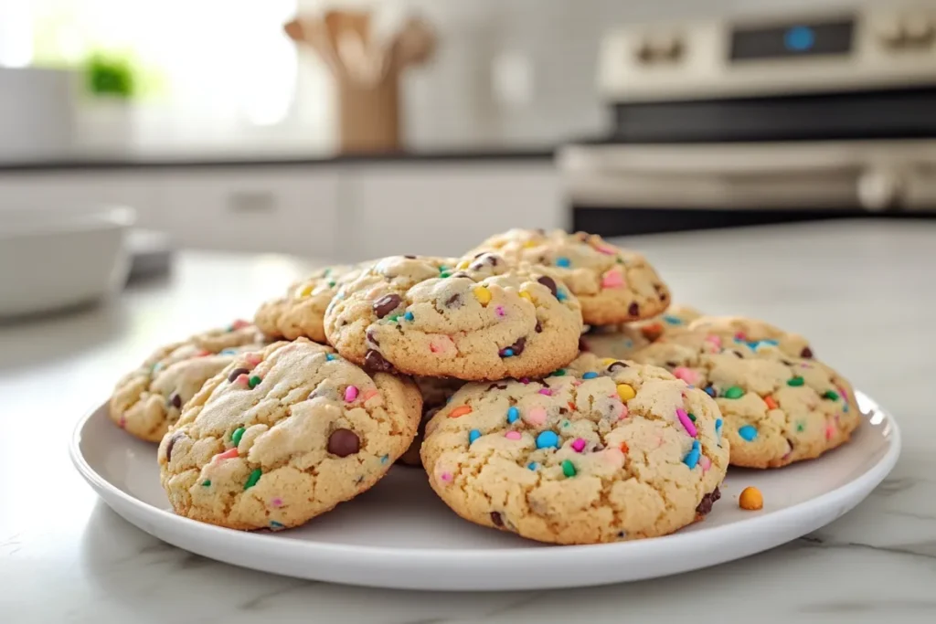 Close-up of freshly baked cake mix cookies on a white plate in a modern kitchen, showcasing their soft texture and colorful sprinkles.