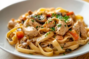 A plate of Chicken Marsala Fettuccine featuring tender chicken pieces, sautéed mushrooms, and creamy fettuccine pasta topped with fresh parsley and Parmesan cheese.