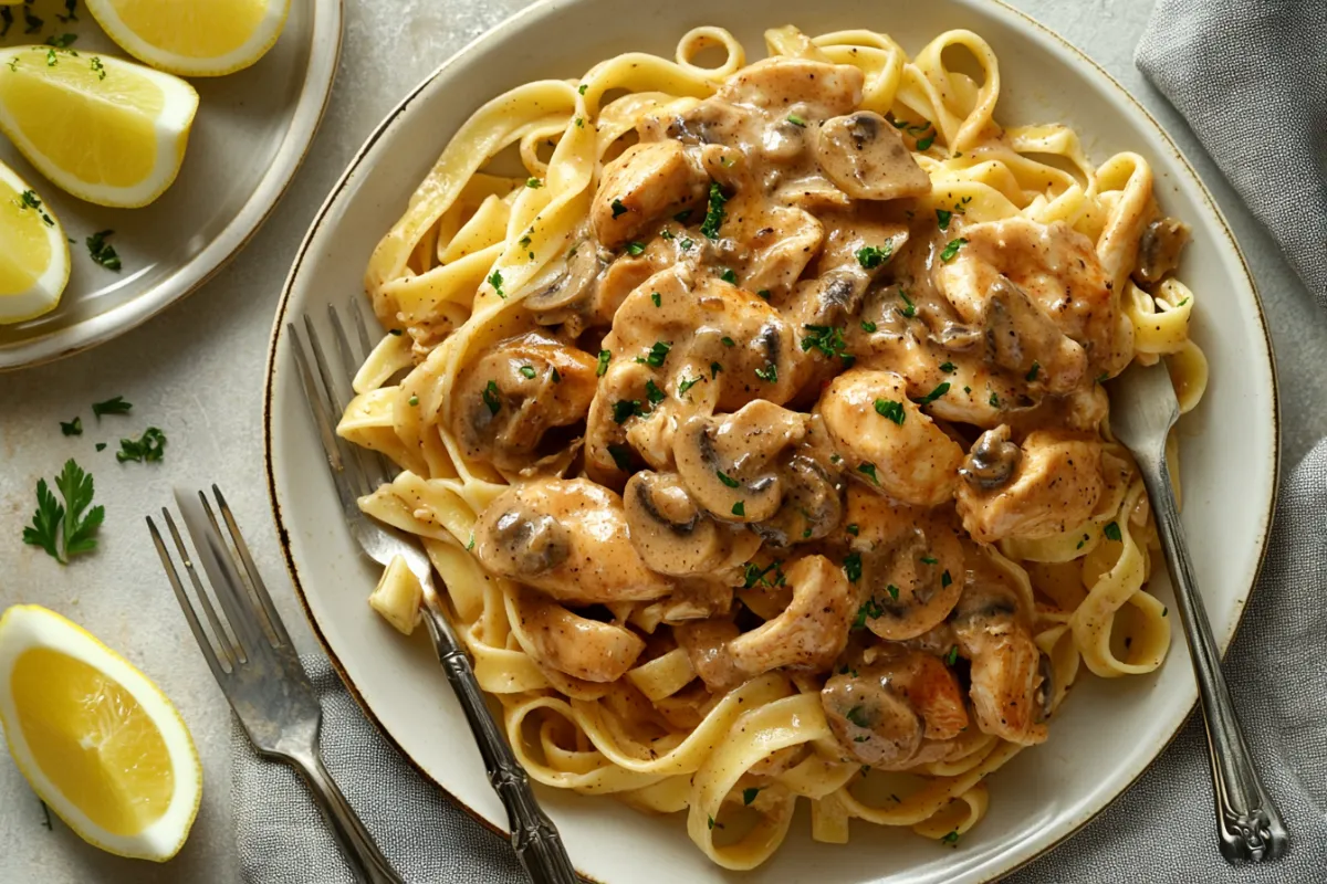 A plate of Chicken Marsala Fettuccine featuring tender chicken pieces, sautéed mushrooms, and creamy fettuccine pasta topped with fresh parsley and Parmesan cheese.