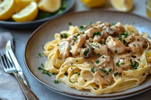 A plate of Chicken Marsala Fettuccine featuring tender chicken pieces, sautéed mushrooms, and creamy fettuccine pasta topped with fresh parsley and Parmesan cheese.