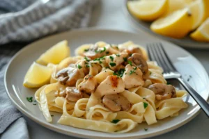 A plate of Chicken Marsala Fettuccine featuring tender chicken pieces, sautéed mushrooms, and creamy fettuccine pasta topped with fresh parsley and Parmesan cheese.