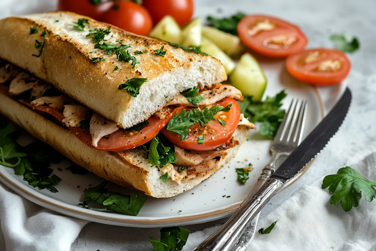 Close-up of a chopped Italian sandwich filled with layers of salami, pepperoni, ham, provolone cheese, lettuce, tomatoes, red onions, and banana peppers, dressed in Italian vinaigrette and served on a toasted ciabatta roll, with a side of chips and a glass of red wine on a rustic wooden board.