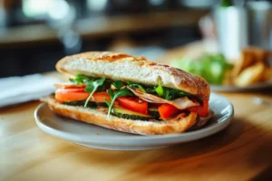 Close-up of a chopped Italian sandwich filled with layers of salami, pepperoni, ham, provolone cheese, lettuce, tomatoes, red onions, and banana peppers, dressed in Italian vinaigrette and served on a toasted ciabatta roll, with a side of chips and a glass of red wine on a rustic wooden board.