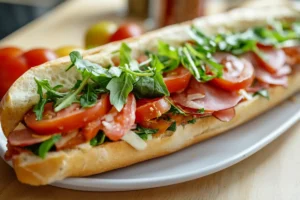 Close-up of a chopped Italian sandwich filled with layers of salami, pepperoni, ham, provolone cheese, lettuce, tomatoes, red onions, and banana peppers, dressed in Italian vinaigrette and served on a toasted ciabatta roll, with a side of chips and a glass of red wine on a rustic wooden board.