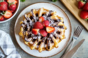 Close-up of a golden, crispy funnel cake dusted with powdered sugar, served on a plate with a bite taken out to reveal the soft, fluffy interior.