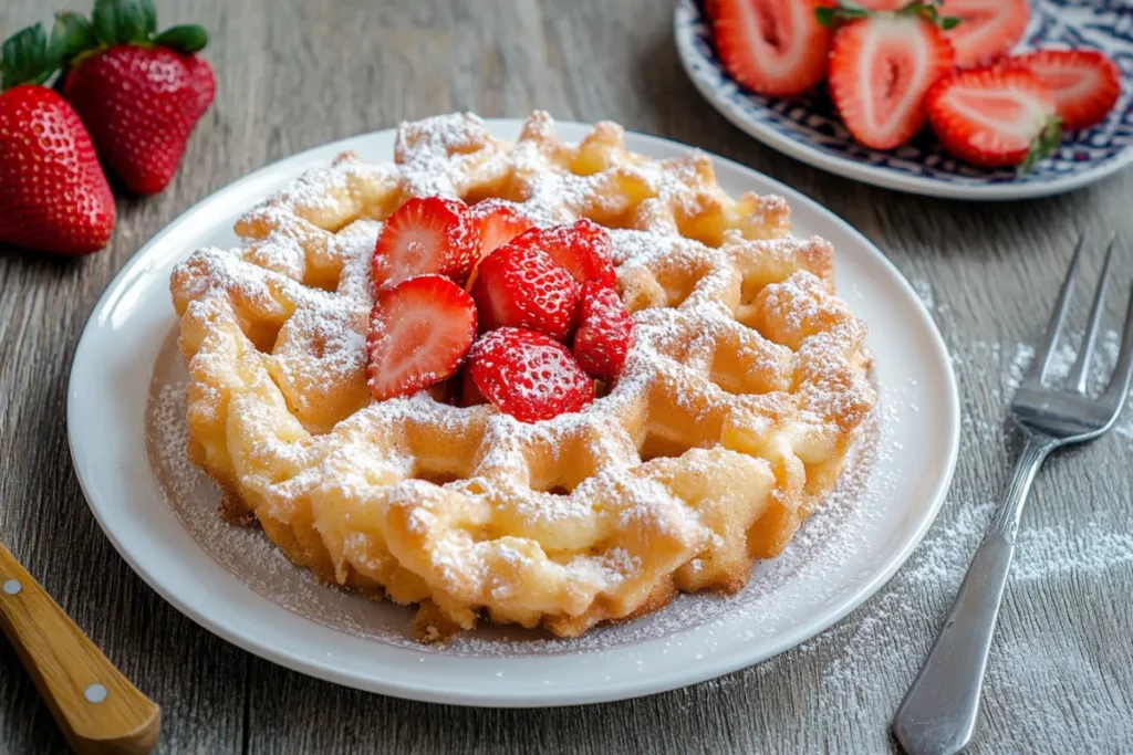 Close-up of a golden, crispy funnel cake dusted with powdered sugar, served on a plate with a bite taken out to reveal the soft, fluffy interior.