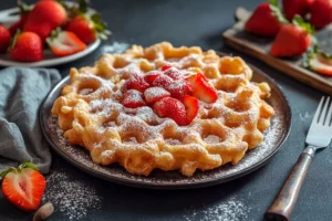 Close-up of a golden, crispy funnel cake dusted with powdered sugar, served on a plate with a bite taken out to reveal the soft, fluffy interior.