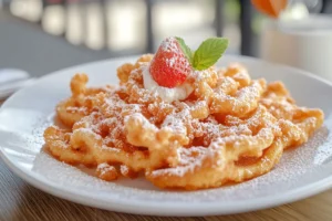 Close-up of a golden, crispy funnel cake dusted with powdered sugar, served on a plate with a bite taken out to reveal the soft, fluffy interior.