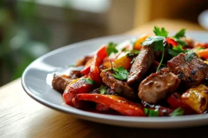 Bowl of vibrant fajita marinade with lime slices, garlic, and spices, ready to marinate chicken or beef for flavorful fajitas.