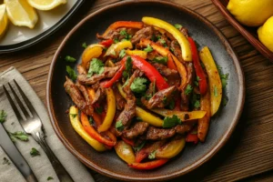 Bowl of vibrant fajita marinade with lime slices, garlic, and spices, ready to marinate chicken or beef for flavorful fajitas.