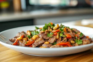 Bowl of vibrant fajita marinade with lime slices, garlic, and spices, ready to marinate chicken or beef for flavorful fajitas.