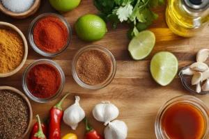 Top-down view of key ingredients for fajita sauce, including spices, lime, oil, and broth, neatly arranged on a wooden kitchen counter.