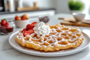 Golden funnel cake with powdered sugar and strawberries on a modern kitchen countertop.