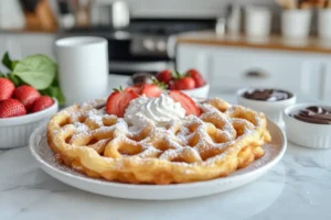 Golden funnel cake with powdered sugar and strawberries on a modern kitchen countertop.