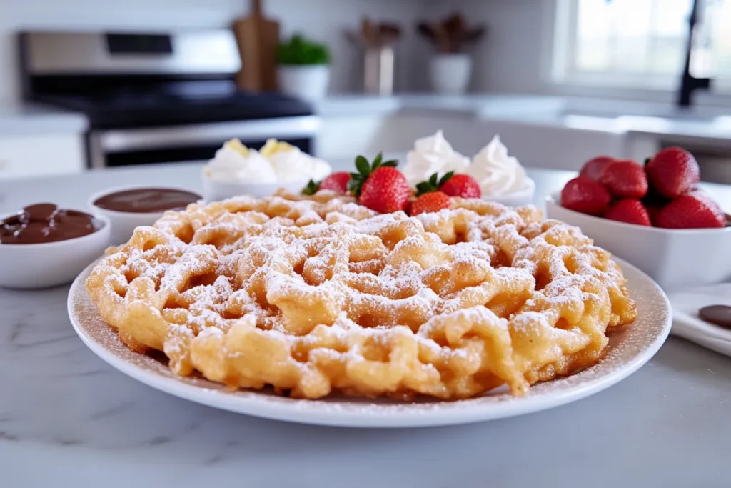 Golden funnel cake with powdered sugar and strawberries on a modern kitchen countertop.