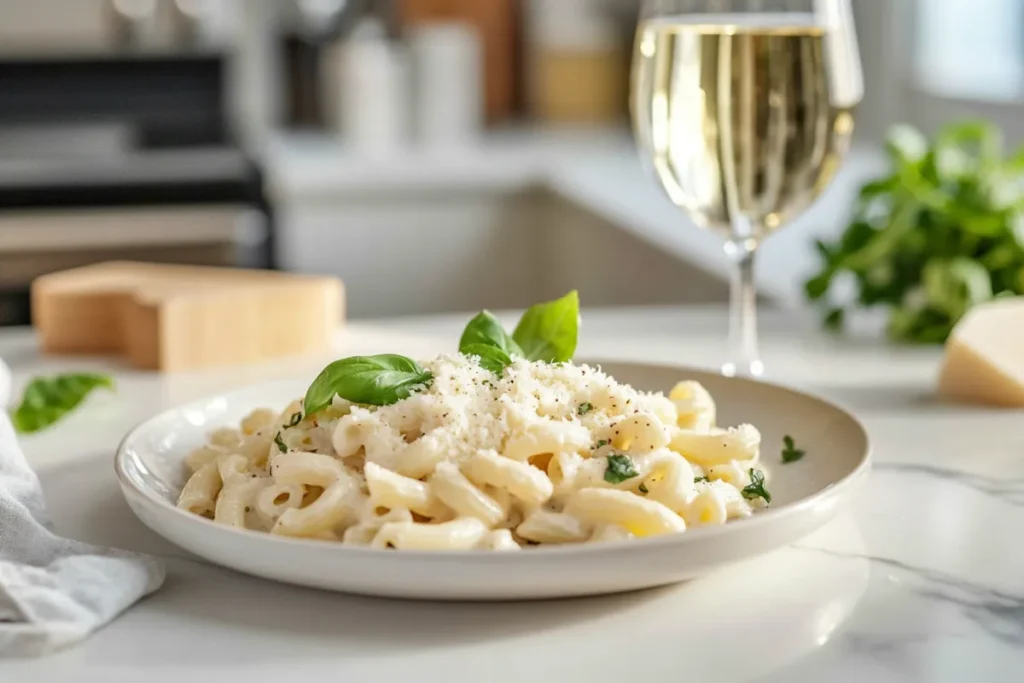 Close-up of a deliciously plated Gemelli pasta dish with creamy sauce, garnished with fresh parsley and parmesan in a modern kitchen setting.