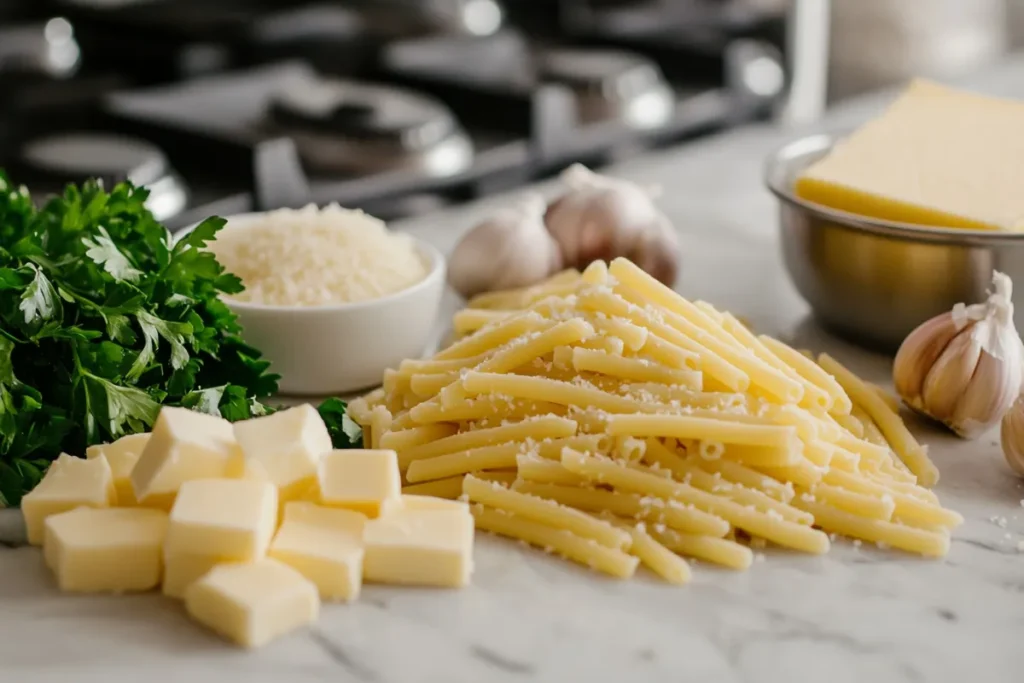 Close-up of a deliciously plated Gemelli pasta dish with creamy sauce, garnished with fresh parsley and parmesan in a modern kitchen setting.