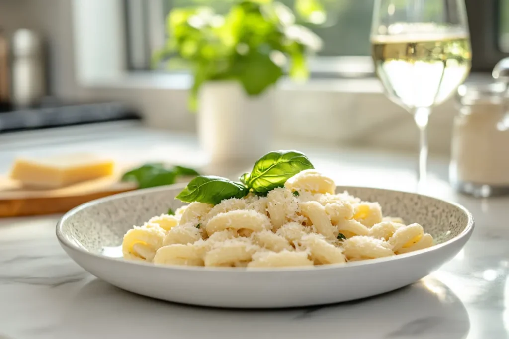 Close-up of a deliciously plated Gemelli pasta dish with creamy sauce, garnished with fresh parsley and parmesan in a modern kitchen setting.