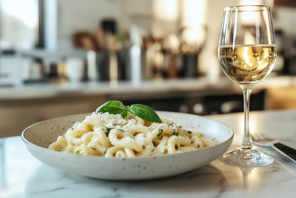 Close-up of a deliciously plated Gemelli pasta dish with creamy sauce, garnished with fresh parsley and parmesan in a modern kitchen setting.