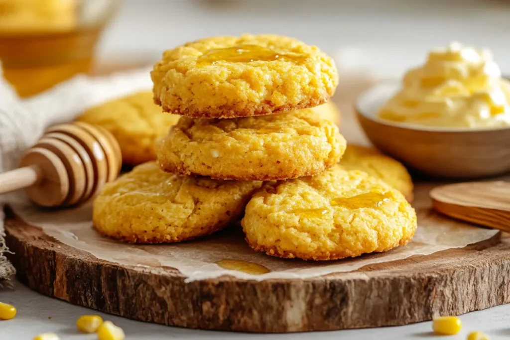 Golden-brown honey butter cornbread cookies stacked on a rustic wooden board, drizzled with honey, and served with a dish of whipped honey butter.