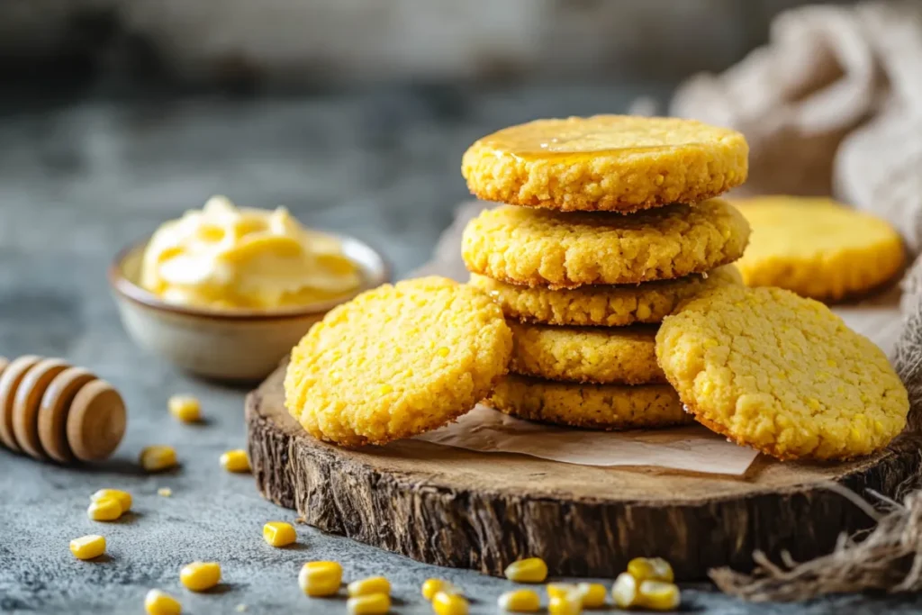 Golden-brown honey butter cornbread cookies stacked on a rustic wooden board, drizzled with honey, and served with a dish of whipped honey butter.