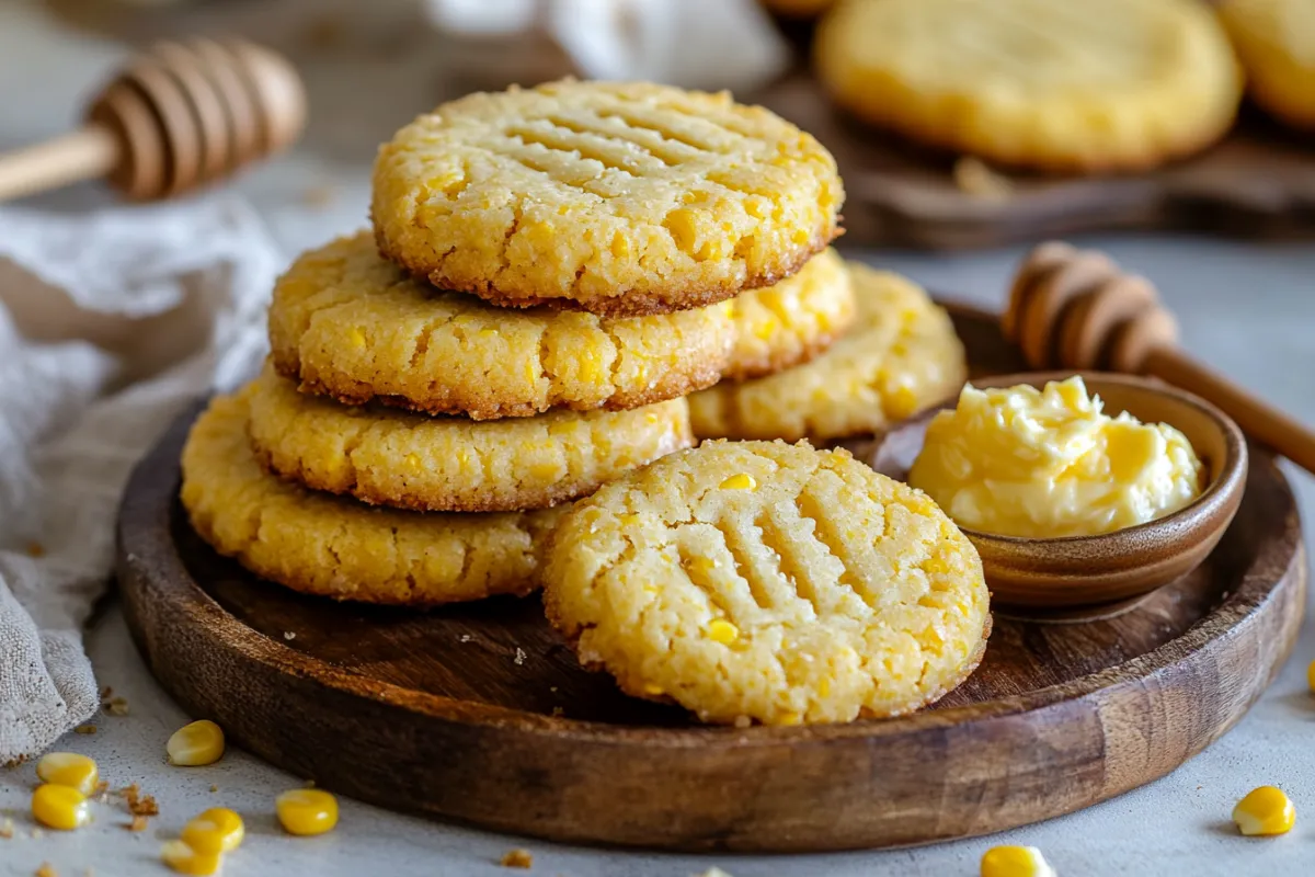 Golden-brown honey butter cornbread cookies stacked on a rustic wooden board, drizzled with honey, and served with a dish of whipped honey butter.