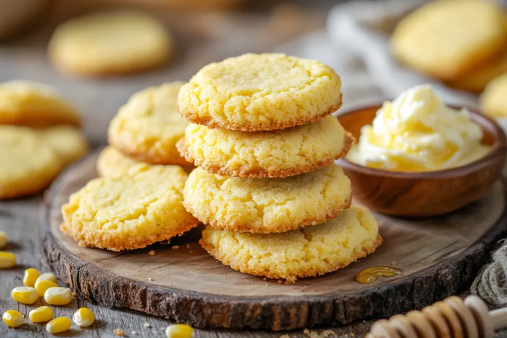 Golden-brown honey butter cornbread cookies stacked on a rustic wooden board, drizzled with honey, and served with a dish of whipped honey butter.