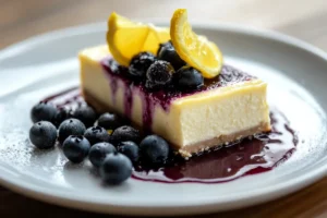 Close-up of a slice of Lemon Blueberry Cheesecake with fresh blueberries on top