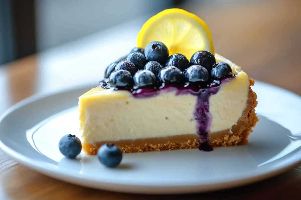 Close-up of a slice of Lemon Blueberry Cheesecake with fresh blueberries on top