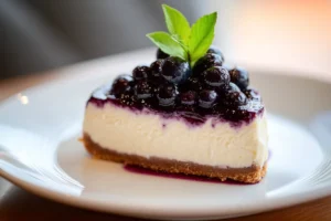 Close-up of a slice of Lemon Blueberry Cheesecake with fresh blueberries on top