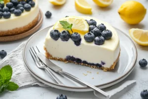 Close-up of a slice of Lemon Blueberry Cheesecake with fresh blueberries on top