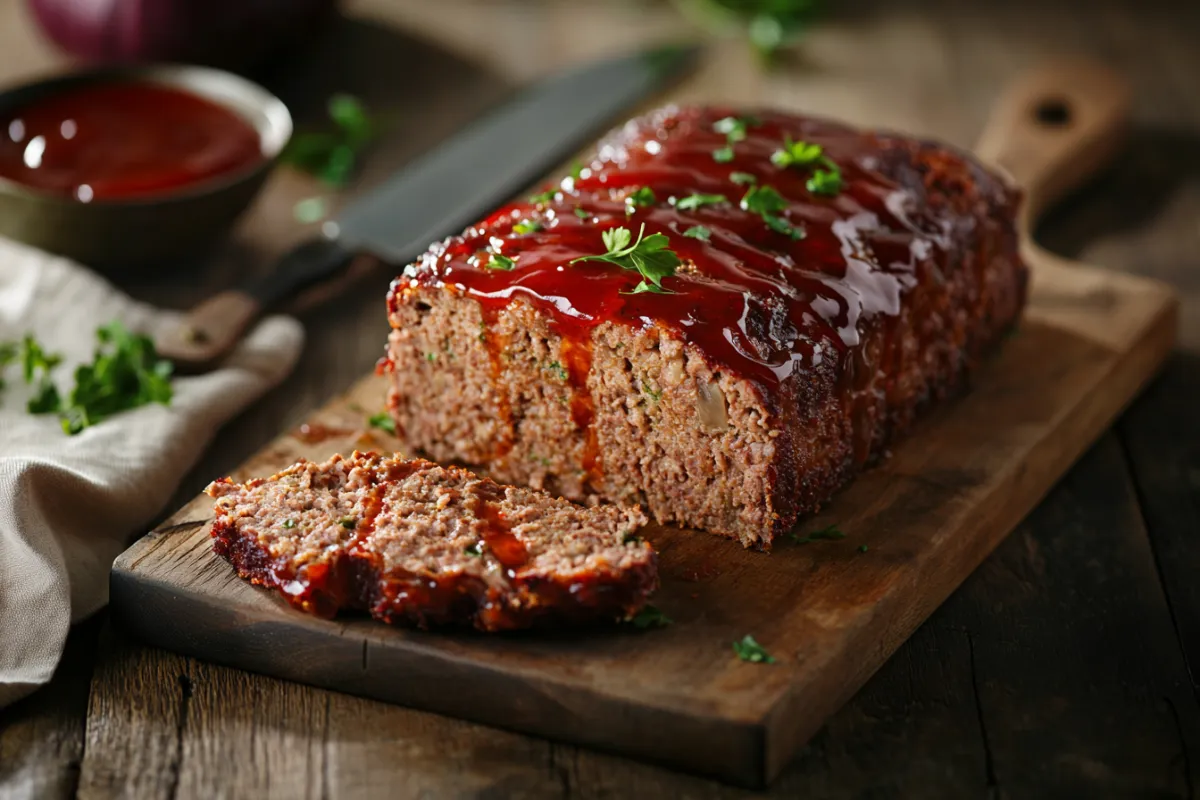 Golden-brown Lipton Onion Soup Meatloaf topped with a glossy ketchup glaze, sliced to reveal a moist, tender interior, resting on a wooden cutting board in a cozy kitchen setting.