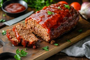 Golden-brown Lipton Onion Soup Meatloaf topped with a glossy ketchup glaze, sliced to reveal a moist, tender interior, resting on a wooden cutting board in a cozy kitchen setting.