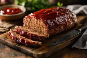 Golden-brown Lipton Onion Soup Meatloaf topped with a glossy ketchup glaze, sliced to reveal a moist, tender interior, resting on a wooden cutting board in a cozy kitchen setting.