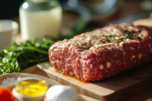 Golden-brown Lipton Onion Soup Meatloaf topped with a glossy ketchup glaze, sliced to reveal a moist, tender interior, resting on a wooden cutting board in a cozy kitchen setting.