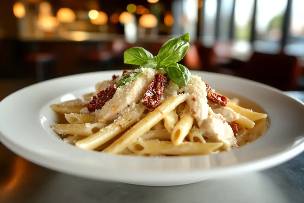 Beautifully plated Marry Me Chicken Pasta in a modern kitchen setting, featuring creamy sauce, sun-dried tomatoes, and fresh basil garnished on top.