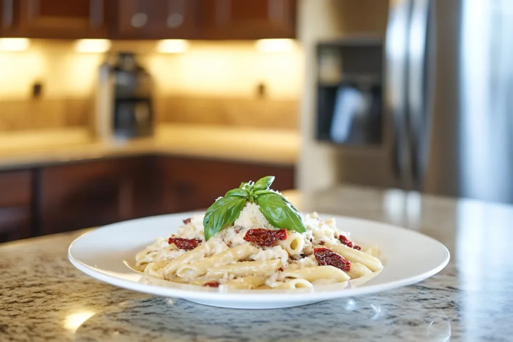 Beautifully plated Marry Me Chicken Pasta in a modern kitchen setting, featuring creamy sauce, sun-dried tomatoes, and fresh basil garnished on top.