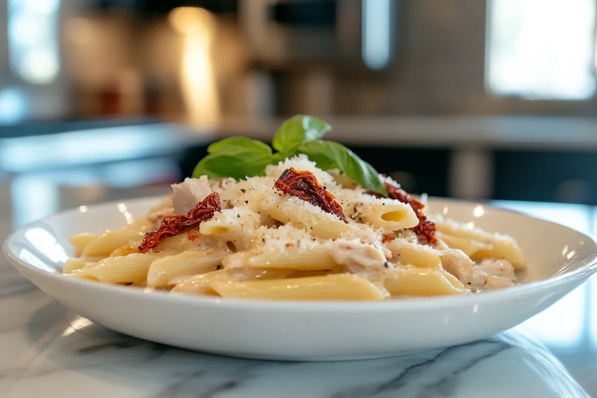 Beautifully plated Marry Me Chicken Pasta in a modern kitchen setting, featuring creamy sauce, sun-dried tomatoes, and fresh basil garnished on top.