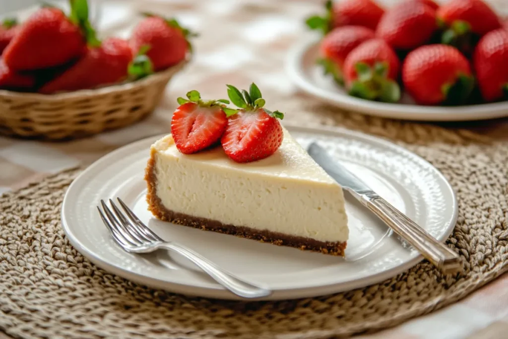 A slice of creamy Philadelphia cheesecake with a golden graham cracker crust, topped with fresh strawberries and a drizzle of caramel sauce, served on a white plate with a silver fork, set against a cozy kitchen background with soft, natural lighting.