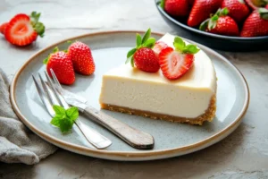 A slice of creamy Philadelphia cheesecake with a golden graham cracker crust, topped with fresh strawberries and a drizzle of caramel sauce, served on a white plate with a silver fork, set against a cozy kitchen background with soft, natural lighting.