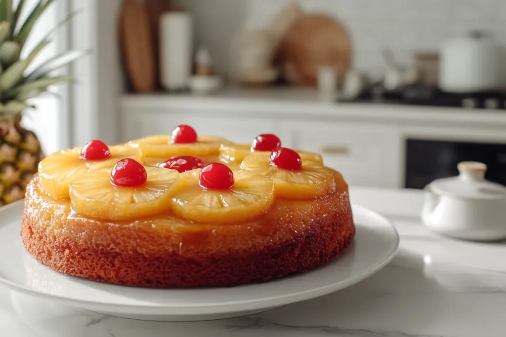 Beautifully styled pineapple upside down cake with caramelized pineapple and cherries, displayed in a modern kitchen setting.