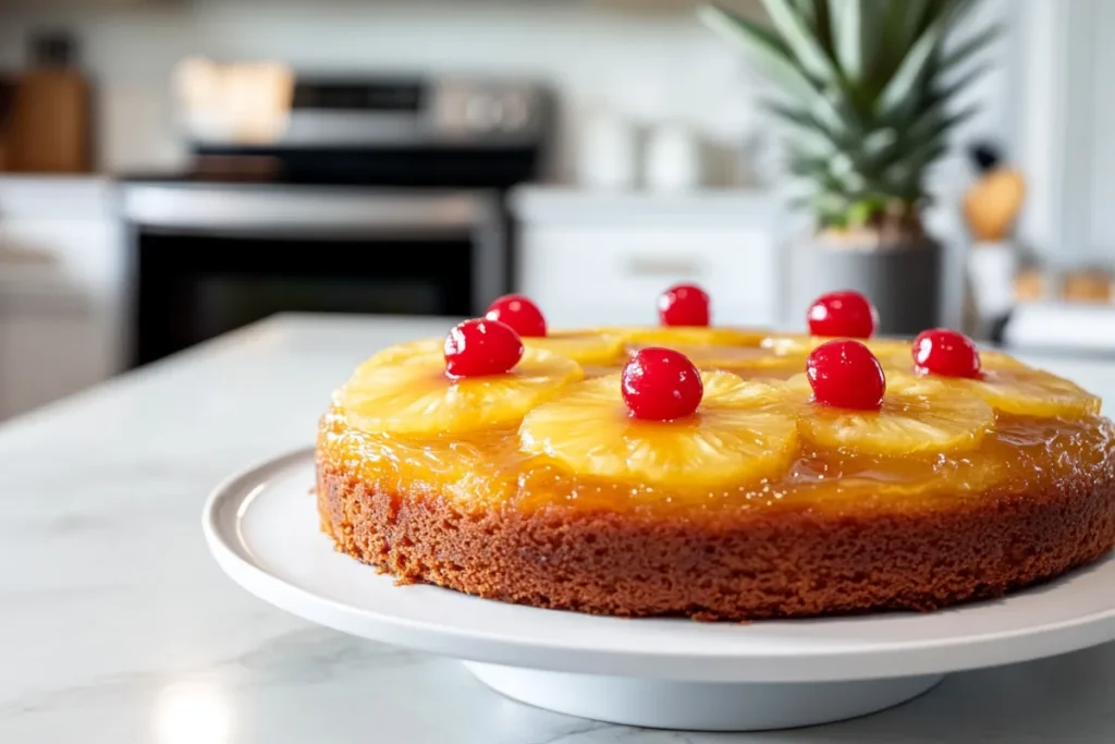 Beautifully styled pineapple upside down cake with caramelized pineapple and cherries, displayed in a modern kitchen setting.