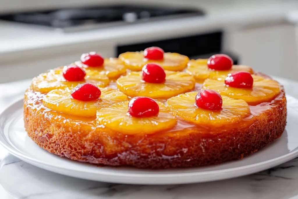 Beautifully styled pineapple upside down cake with caramelized pineapple and cherries, displayed in a modern kitchen setting.