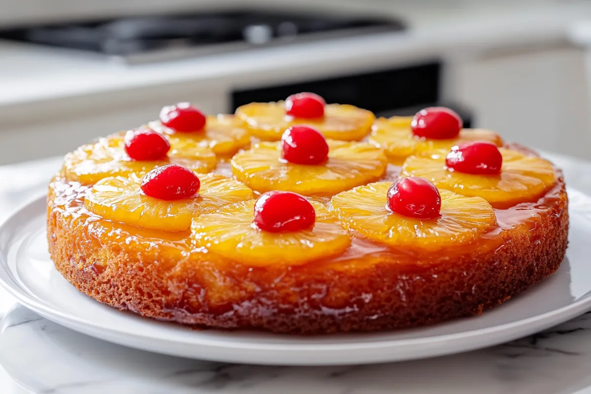 Beautifully styled pineapple upside down cake with caramelized pineapple and cherries, displayed in a modern kitchen setting.